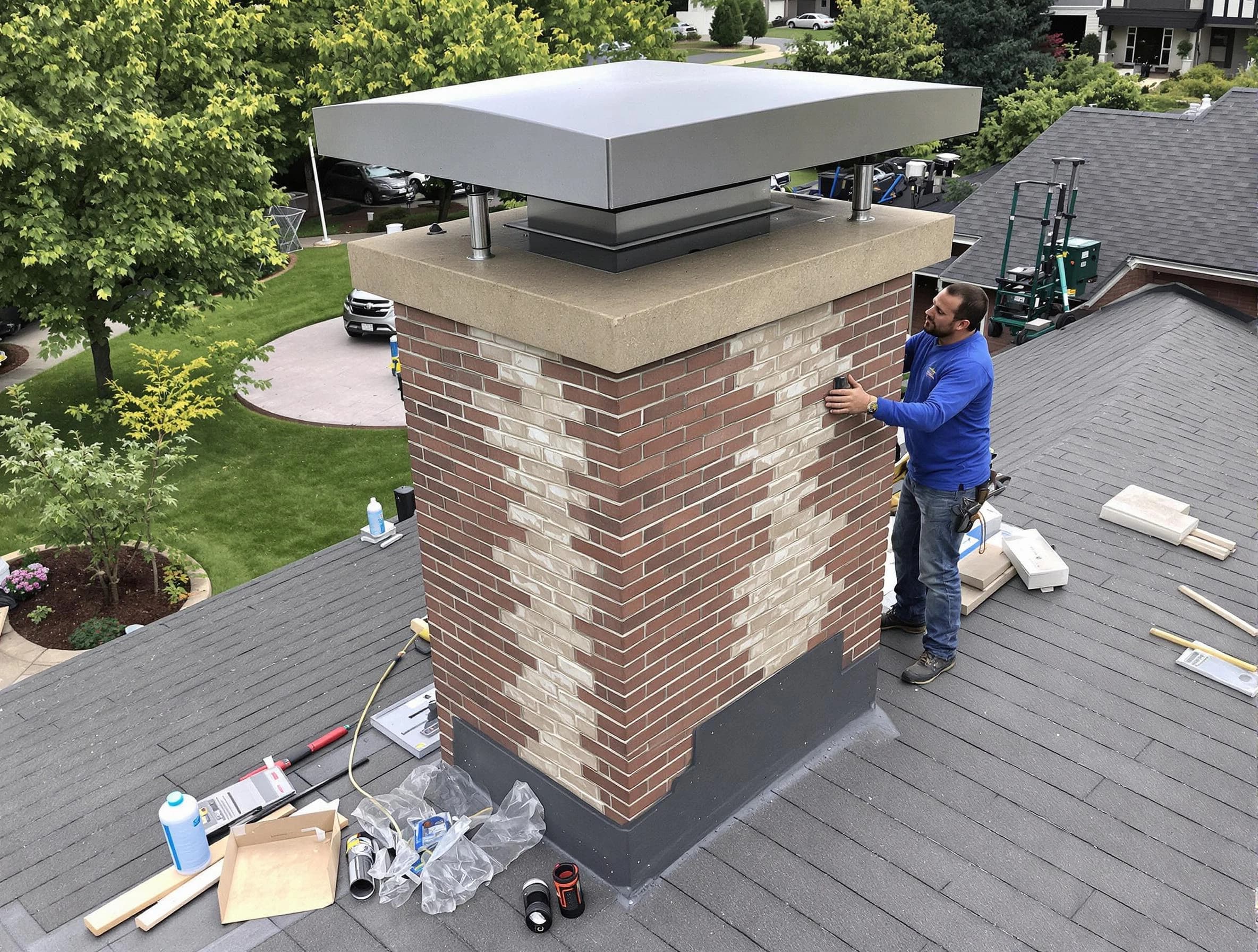 Heron Bay Chimney Sweep team working on a custom chimney remodel in Heron Bay, GA